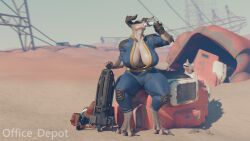 animal_humanoid anthro bethesda_game_studios beverage big_breasts breasts deathclaw deathclaw_humanoid drinking duo fallout female hi_res humanoid large_female microsoft night_stalker_(fallout) office_depot_(artist) scalie scalie_humanoid thick_thighs