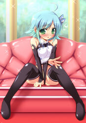 ahoge bare_shoulders black_panties blue_hair blush bridal_gauntlets coach couch covered_nipples dream_c_club elbow_gloves erect_nipples gloves green_eyes multicolored_hair nonono_(dream_c_club) panties panty_pull pussy_juice short_hair sitting solo sparkle tachibana_surimu teen teenage thighhighs underwear