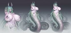 absurdres arm_behind_head arm_on_own_leg artist_name breasts chains character_request dated forked_tongue garden_of_eden green_hair highres horns huge_breasts kolga_art lamia maebari monster_girl multiple_views open_mouth original pasties pointy_ears scales teeth tongue tongue_out watermark