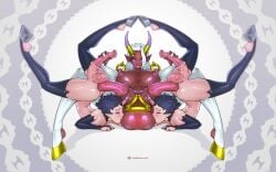 2boys animal_penis black_thighhighs blue_eyes breasts dark_skin demon_girl demon_horns demon_tail extra_penises female futanari highres horn_ornament horn_ring horns horse_penis huge_breasts huge_cock multiple_boys nipple_piercing original penis piercing single_horn tail tailbox thighhighs