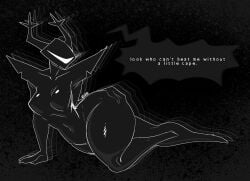 2025 2_horns arm_support black_background black_body breasts collarbone deltarune dialogue digital_media_(artwork) english_text female fingers front_view full-length_portrait hand_on_hip hi_res horn huge_thighs humanoid lying navel not_furry nude nude_female nude_humanoid on_side portrait pose roaring_knight shadow_creature simple_background solo soul_(undertale) text thick_thighs undertale_(series) welwraith white_text