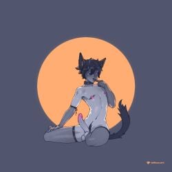 1boy animal_ears artist_name blue_eyes blush elbow_gloves english_commentary erection finger_to_mouth fishnet_thighhighs fishnets full_body full_moon gloves glowing glowing_eyes grey_background grey_fur moon nipple_piercing nipples original pen piercing tail tailbox thighhighs werewolf wolf_boy wolf_ears wolf_tail