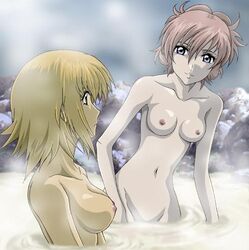 2girls bare_shoulders bath blonde_hair blue_eyes breasts brown_eyes cagalli_yula_athha eye_contact female gundam gundam_seed gundam_seed_destiny hair_up lacus_clyne looking_at_another lowres midriff multiple_girls navel nipples nude onsen pink_hair rock short_hair smile steam water wet