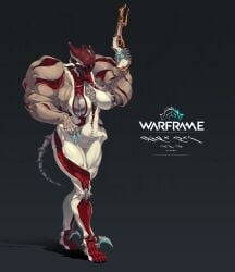 1girls artist_request breasts hips holding_weapon huge_breasts large_breasts muscular_thighs simple_background text thighs tummy valkyr_(warframe) warframe