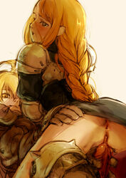 1boy agrias_oaks ahoge anus armor artist_request ass blonde_hair blush braid branch_(blackrabbits) clothed_sex clothing cowgirl_position drooling female final_fantasy final_fantasy_tactics final_fantasy_tactics_(original) from_behind gauntlets greaves imminent_sex imminent_vaginal long_hair male no_panties pauldrons penis pussy ramza_beoulve sex smile spikes straddle straddling straight tears uncensored vagina