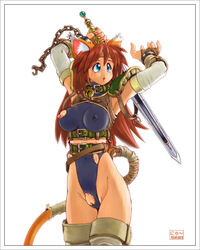 animal_ears blue_eyes cat_ears cat_tail chains nipple_slip nipples orange_hair pussy pussy_peek shackle shackles sword tail torn_clothes uncensored weapon