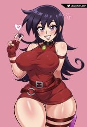 belt bicep_bracelet big_breasts blannis_art blush bracelet card_deck choker duel_masters fingerless_gloves hair_curl heart_symbol nipple_outline peace_sign pendant purple_eyes purple_hair red_dress tasogare_mimi thick_thighs thigh_pouch wide_hips