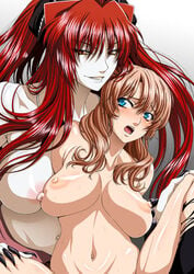 blonde_hair blue_eyes blush breast_press breasts breath brown_hair claws clenched_teeth demon_girl female fingernails huge_breasts isse jpeg_artifacts large_breasts leg_grab legs long_fingernails long_hair looking_at_viewer looking_back moaning multiple_girls naughty_face navel nipples nude oni open_mouth orange_eyes original pale_skin red_hair sex smile spread_legs very_long_hair yuri