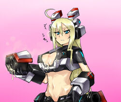 ahoge annoyed aquila_(cosmic_break) aquila_girl armor athletic blonde_hair blue_eyes blush breasts cleavage_cutout clenched_teeth cosmic_break cum cum_on_body cum_on_breasts cum_on_upper_body female frown looking_at_viewer midriff mound_of_venus navel nipples skj solo teeth