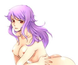 1girls anew_returner breasts female gundam gundam_00 long_hair nipples nude purple_hair red_eyes sagami_(liars) simple_background smile solo