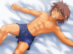 abs beige_skin blush brown_hair cum cum_on_clothes cum_through_clothes lying male male_only muscle nipples on_back outstretched_arms set shorts sleeping solo spread_arms spread_legs tan_skin teeth thisarmor topless underwear