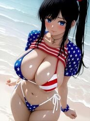 1girls 4th_of_july ai_generated america american american_female american_flag_bikini american_flag_bikini_bottom american_flag_bikini_top american_flag_print american_flag_shirt beach beachside bikini black_hair blue_eyes blush bracelet breasts cleavage cross_necklace day daytime female female_focus fourth_of_july hi_res hires huge_breasts independence independence_day large_breasts necklace ocean original_character patriot patriotic patriotism pretty pretty_face red_hair_tie shirt_lift smiling solo stars stars_and_stripes stripes sunny united_states united_states_of_america water