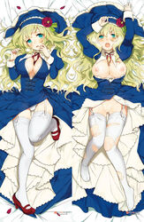 blonde_hair blush breasts cleavage dakimakura dress female garter_straps garters green_eyes high_heels kippu long_hair lying nipples no_bra no_panties nun on_back open_clothes open_mouth open_shirt original panties pussy shirt shoe_dangle shoes solo thighhighs torn_clothes torn_thighhighs uncensored underwear white_legwear white_panties