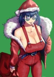 absurdres bare_shoulders belt blue_hair breasts candy candy_cane christmas cleavage coat erasorpepero female food fur-trimmed_coat fur_trim green_background hand_in_pocket hat highres holding holding_sack hololive hololive_english huge_breasts looking_at_viewer naked_overalls ouro_kronii overalls red_coat red_overalls round_eyewear sack santa_costume santa_hat solo sunglasses tinted_eyewear virtual_youtuber