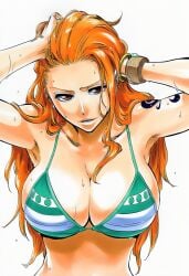 1girls accurate_art_style accurate_body_type adjusting_hair ai_generated armpits bangle big_breasts bikini bikini_top bikini_top_only bracelet breasts brown_eyes busty clavicle cleavage clothing collarbone curvaceous curvy digital_media_(artwork) earrings fanart female female_focus female_only forehead from_above green_bikini green_bikini_top halterneck hand_in_own_hair hands_in_hair hands_on_own_head hands_up highres jewelry large_breasts long_hair looking_at_viewer nami_(one_piece) narrow_waist one_piece orange_eyes orange_hair parted_lips pearl_earrings shiny_hair shiny_skin shoulder_tattoo simple_background solo solo_female solo_focus standing swimsuit tattoo tite_kubo_style upper_body wet_body wet_hair wet_skin white_background ㅇㅇ