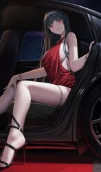 astra_yao black_hair blush bracelet breasts car_interior closed_mouth dress female from_side hairband high_heels highres jewelry large_breasts long_hair looking_at_viewer mizoshi-x purple_eyes red_dress sideboob sitting smile solo thighlet thighs very_long_hair white_hairband zenless_zone_zero