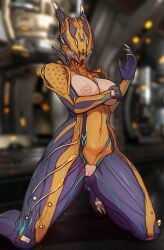 1girls areolae breasts edit edited hips medium_breasts navel nipples on_knees searyn shaved_pussy thick_thighs thighs third-party_edit tummy vagina valkyr_(warframe) warframe