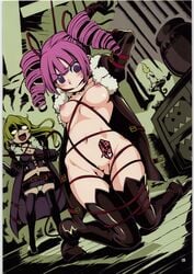 artist_request atlus black_thighhighs blonde_hair bondage bondage_clothes breasts clothing coat curly_hair dark_hunter dominatrix drill_hair earrings etrian_odyssey female femdom gag gagged glasses jacket kneeling laugh medium_breasts megane multiple_girls naked_coat nipples nude open_mouth oppai paipan panties pink_hair purple_eyes purple_hair rope sekaiju_no_meikyuu skirt smile stockings sweat thighhighs twin_drills whip yuri