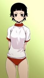 00s 1girls 2000s 2008 ass_visible_through_thighs black_hair brown_eyes buruma commentary_request ez6 female female_only gym_uniform red_buruma sayonara_zetsubou_sensei short_hair smile solo tsunetsuki_matoi uniform