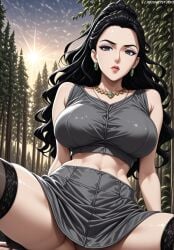 ai_generated bamboo bare_shoulders black_hair black_thighhighs breasts clothing collarbone cowgirl_position crop_top earrings executive_mishiro female forehead forest green_eyes grey_shirt grey_skirt hair_pulled_back idolmaster idolmaster_cinderella_girls jewelry jousneystudio large_breasts legwear lips long_hair looking_at_viewer makeup male midriff miniskirt nature navel necklace no_panties on_top outdoors parted_lips patreon penis ponytail shiny_clothes shirt sitting skirt sleeveless sleeveless_shirt solo spread_legs straddling sun sunrise the_idolm@ster thighhighs thighs tree