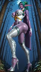 ai_generated blue_eyes choker cleavage elf elf_ears fishnet_legwear fishnets green_hair heel_boots high_heels leotard long_fingernails night_elf nipple_bulge purple_skin rope rope_between_breasts saraserah tyrande_whisperwind white_nails world_of_warcraft
