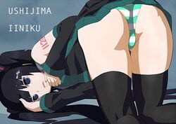 cosplay cum cum_on_hair female hatsune_miku hatsune_miku_(cosplay) iiniku_ushijima panties solo striped striped_panties thighhighs tied_hair twintails underwear ushijima_iiniku vocaloid