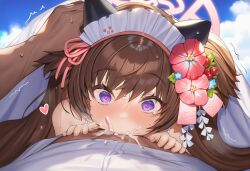 1boy1girl ai_generated blue_archive cum cum_in_mouth cum_overflow day deepthroat ejaculation face_focus fellatio female_focus grabbing_another's_head halo heart_eyes oral_sex shizuko_(blue_archive) streaming_tears sweat swimsuit trembling