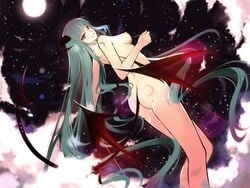 aqua_hair ass back bat_wings breasts cloud darkstalkers demon_girl demon_tail from_behind full_moon highres horns illusionk long_hair looking_at_viewer looking_back moon morrigan_aensland night nipples nude original pussy_juice red_eyes sky small_breasts smile solo star succubus tail tattoo very_long_hair wings