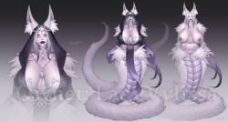 animal_ear_fluff animal_ears artist_name black_lips black_sclera breasts colored_sclera female fox_ears highres hood hood_up huge_breasts jewelry kolga_art lamia large_breasts long_hair looking_at_viewer monster_girl navel nipples piercing pussy tail uncensored