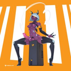 artist_logo black_thighhighs breasts colored_skin computer computer_tower cum cum_string dark_skin ejaculation erection female full_body futanari glowing glowing_penis highres javascript large_penis logo navel one_eye_closed open_mouth orange_background original penis purple_skin robot_ears short_hair small_breasts solo tailbox testicles thighhighs white_hair yellow_eyes