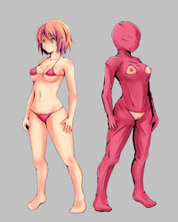 ao_usagi barefoot bikini blush body_blush bodysuit breasts brown_hair crotchless dual_persona erect_nipples female green_eyes grey_background mask mirror_opposites navel nippleless_clothes nippleless_clothing nipples original polar_opposites pussy short_hair simple_background standing swimsuit uncensored underboob zentai