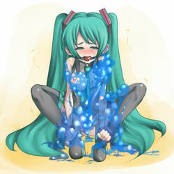 anal ball_gag blush bondage breasts female gag goo green_eyes green_hair hatsune_miku monster rir slime slime_monster slime_suit stockings tentacle tied_hair twintails vaginal_penetration vocaloid wrists_to_ankles