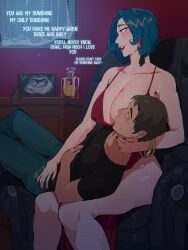 babyplay bangle bangles big_breasts blue_hair breast_sucking cleavage clothed crotch_rub dark-skinned_male dark_skin davina_(diforland) depravecity_(diforland) diforland dress english_text interracial juxtaposition lap_pillow large_breasts light-skinned_female light_skin mammogram mind_broken mole mole_on_breast mole_under_eye multiple_moles one_breast_out original red_dress red_nails singing sitting straight text when_you_see_it