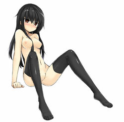 1girls akemi_homura black_hair black_legwear blush breasts brown_eyes dobunezumi feet female long_hair mahou_shoujo_madoka_magica naked_stockings naked_thighhighs nipples nude original pussy pussy_juice simple_background sitting sketch solo stockings thighhighs uncensored