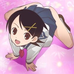 00s 1girls 2000s 2007 asian black_hair brown_eyes fuura_kafuka gradient_background hair_ornament hairclip happy haruyama_kazunori light_skin looking_at_viewer low_res lowres panties sayonara_zetsubou_sensei school_uniform seifuku serafuku short_hair skirt solo source_not_archived source_request underwear uniform white_panties white_underwear