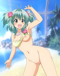 beach blush bottomless bra breasts female highres legs long_hair nipples nude nude_filter open_mouth photoshop purple_eyes pussy run_elsie_jewelria solo to_love-ru uncensored underwear