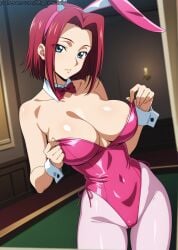 ai_generated animal_ears bare_legs bare_shoulders blue_eyes bow bowtie breasts cleavage code_geass collarbone detached_collar fake_animal_ears female hair highleg highleg_leotard kallen_stadtfeld large_breasts leotard looking_at_viewer mr_geroiniy pantyhose pink_legwear pink_leotard playboy_bunny rabbit_ears red_bow red_hair shiny short_hair solo strapless strapless_leotard wrist_cuffs