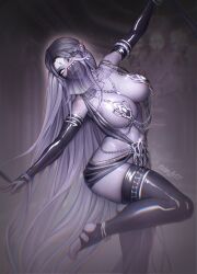 anklet bare_shoulders bracelet braid breasts bridal_gauntlets dancer dancing dark_elf earrings elf female_only gloves jewelry kolgaart large_breasts long_hair navel necklace pasties piercing purple_skin revealing_clothes solo standing thighhighs veil white_eyes