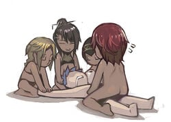 4girls :3 aoin ass blonde_hair brown_hair chibi cowgirl_position dark_skin hairband multiple_girls nude original red_hair sex short_hair