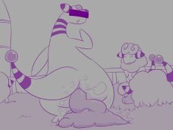 ambiguous_gender ambiguous_pooping ampharos anthro anus ass censor_bar censored_eyes closed_eyes dendollae fart fart_cloud feces feces_on_ground feces_pile feral flaaffy forehead_gem fur gem generation_2_pokemon grass group looking_back mareep monochrome nintendo open_mouth outside plant pokemon pokemon_(species) pooping_on_floor raised_tail scat scatplay sleeping standing striped_body stripes tail tail_orb wool_(fur)