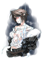 belt black_jacket blue_eyes blush brown_hair cum cum_on_body earrings final_fantasy final_fantasy_viii fur_collar fur_trim human jewelry male male_only multiple_belts nipples sexually_suggestive shirt short_hair solo squall_leonhart toujou_sakana wet white_shirt