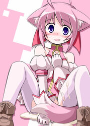 after_sex ahoge animal_ears bare_shoulders blush clothing cum dog_days dog_ears dog_tail female kugelschreiber millhiore_f_biscotti pantyhose pink_hair purple_eyes solo tail torn_clothes torn_pantyhose