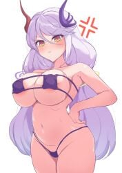 :< anger_vein areola_slip curvy duel_masters duel_masters_play's embarrassed eyepatch_bikini full-face_blush hand_on_hip hands_on_hips large_breasts nero_gryphis_(duel_masters_plays) purple_bikini voluptuous