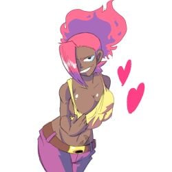 ash_lee_ember big_breasts clothed_female colored dark-skinned_female flirty fluffy_hair heart one_eye_obstructed pulling_shirt_down purple_pants red_hair scorpion_tail smile suggestive_look tattoo teeth_showing