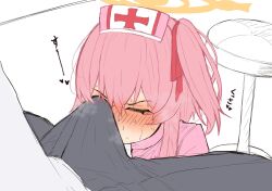1boy black_pants blue_archive blush bulge closed_eyes commentary dress erection erection_under_clothes feather_hair female hair_ribbon halo hat heart highres nurse nurse_cap official_alternate_costume one_side_up pants pink_dress pink_hair pink_hat red_ribbon ribbon serina_(blue_archive) serina_(nurse)_(blue_archive) shuttisss smelling smelling_penis steaming_body sweat translated yellow_halo