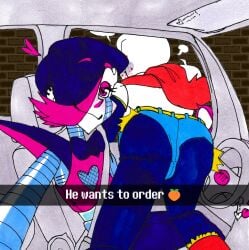 animated_skeleton ass_focus black_clothing black_hair booty_shorts bulge cameltoe cuntboy denim_shorts full-package_cuntboy genital_outline hair_over_one_eye he_wants_to_order hermaphrodite koko_skelly leggings leggings_under_shorts looking_at_viewer maleherm meme mettaton mettaton_ex oblivious oblivious_sexualization ordering_food papyrus papyrus_(undertale) pink_clothing pink_eyes pink_hair presenting_hindquarters pussy_bulge red_clothing red_scarf robot shitpost skeleton smug_expression undertale