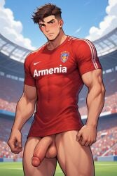 1boy abs ai_generated alpha_male anime armenian big_balls big_penis brown_hair brown_hair_male bulge_through_clothing football_player football_uniform light-skinned_male light_skin looking_at_viewer male male_only muscular muscular_male outside red_shirt solo stadium standing
