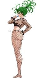 1girls ass bangs big_ass bra breasts clothing crop_top curly_hair curvy earrings eyelashes female female_focus female_only fishnet_legwear fishnet_pantyhose fishnets full_body green_eyes green_hair hand_on_hip highres hoop_earrings human jewelry large_ass leaning_back legwear licking licking_lollipop lollipop long_hair long_sleeves looking_at_viewer looking_to_the_side midriff no_panties official_alternate_costume official_alternate_hairstyle one-punch_man open_mouth pantyhose pinup ponytail profile_view rakeemspoon revealing_clothes see-through see-through_clothing see-through_top side_view sideboob simple_background skimpy small_breasts solo solo_female tatsumaki thick_thighs thighs tied_hair tongue tongue_out translucent_clothing white_background