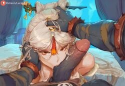 1boy 1girls ai_generated black_body dark-skinned_male dark_penis dark_skin female genshin_impact grabbing_head hilichurls_(species) hoyoverse kissing kissing_penis large_breasts looking_at_viewer lucakp male male/female male_pov mihoyo naked naked_female ningguang_(genshin_impact) patreon patreon_link patreon_logo patreon_url patreon_username platinum_blonde_hair pov saliva tagme