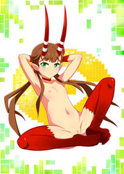 1girls armpits arms_behind_head brown_hair c_(control) c_the_money_of_soul_and_possibility_control female flat_chest flower green_eyes hair_flower hair_ornament horns long_hair mashu mashu_(control) muhyowo naked_thighhighs nude pointy_ears pussy smile solo thighhighs tied_hair twintails
